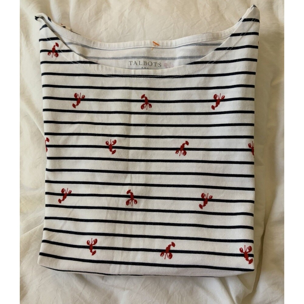 TALBOTS Lobster Stripe Tank Blue & White Stripes Red Lobsters Cotton Blend Sz M